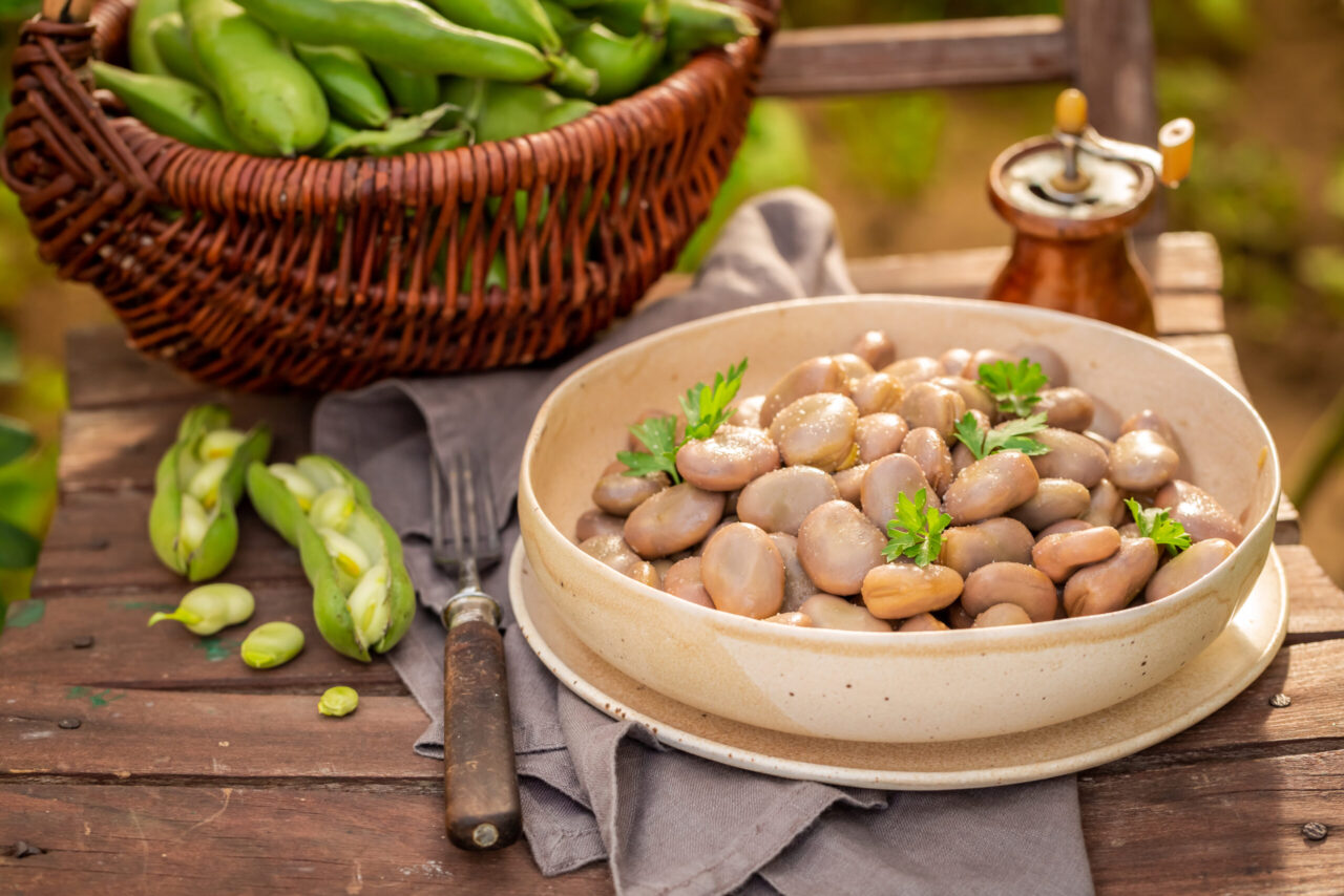 Piatto di fagioli conditi con olio e aceto servito accanto a un cesto contenente altri tipi di fagioli
